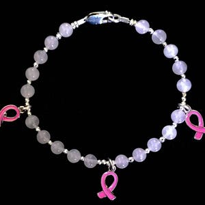 Natural Rose Quartz (Love Stone) Gemstone Sterling Silver Bracelet with Breast Cancer Charms. Great Gift For her.