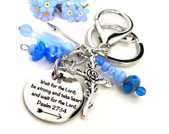 Cornflower Blue Psalm 27:14 Czech Glass Beaded Keychain, Bible Verse Purse Charm, Pastor Gift, Inspirational Beaded Keychain, Planner Charm