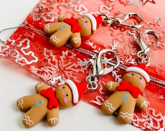 1 Gingerbread Man Zipper Pull, Christmas Zipper Pulls, Santa Zipper Charm, Christmas Clip on Charms, Stocking Stuffer, Zipper Pulls