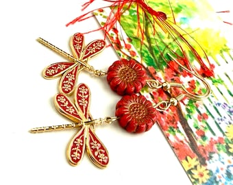 Dragonfly Drop Czech Glass Earrings, Teal & Gold Splatter Dragonfly Earrings, Stainless Steel Jewelry