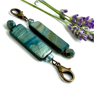 2 Lagoon Beaded Zipper Pull Charms: Bronze and Green Shell Beads, Sweater Charm