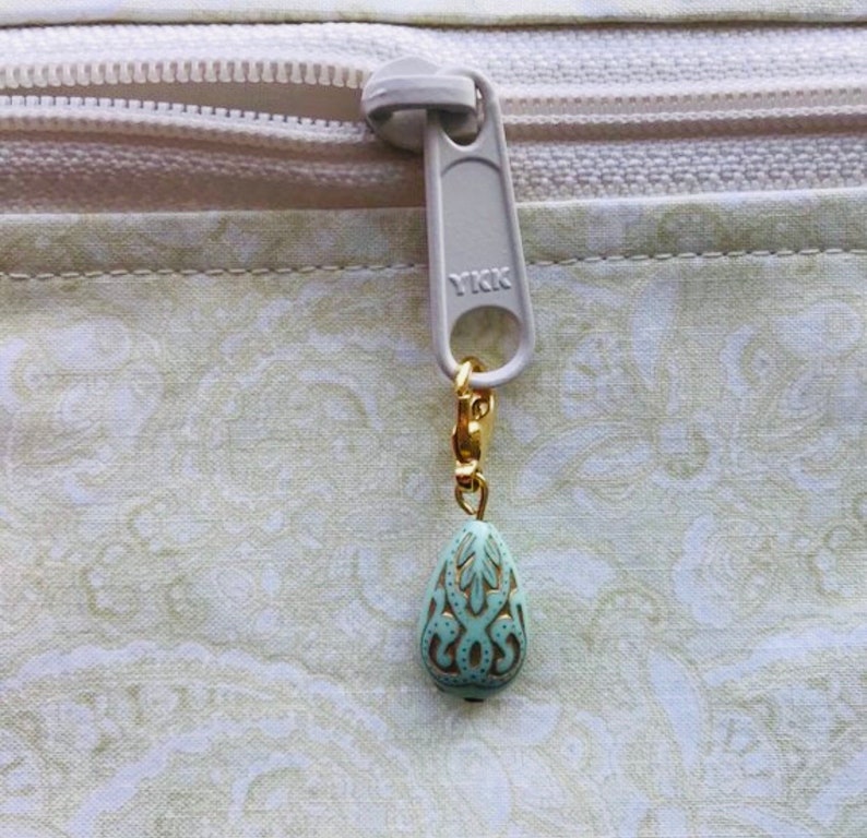 1 Dainty Gold Etched Teardrop Zipper Pull Charm, Ornate Zipper Pulls, Zipper Pulls for Purses, Zipper Charms, Knitting Stitch Markers image 8