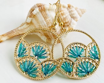 Woven Seed Bead Earrings, Fan Earrings, Beaded Fan Earrings, Teal & Gold Earrings, Inexpensive Jewelry, Earrings Dangle, Gold Jewelry