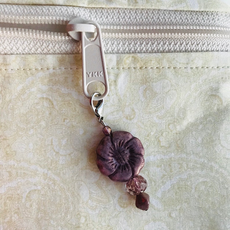 1 Purple Floral Zipper Pull Charm Purse Charm Zipper Pulls Etsy