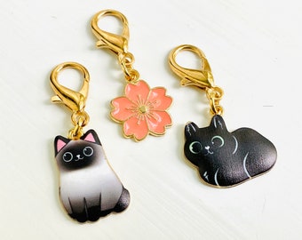 1 Cat or Blossom Zipper Pull, Siamese Cat Zipper Charm, Black Cat Zipper Pull, Clip on Charms, Gold Cat Zipper Pull, Peach Flower