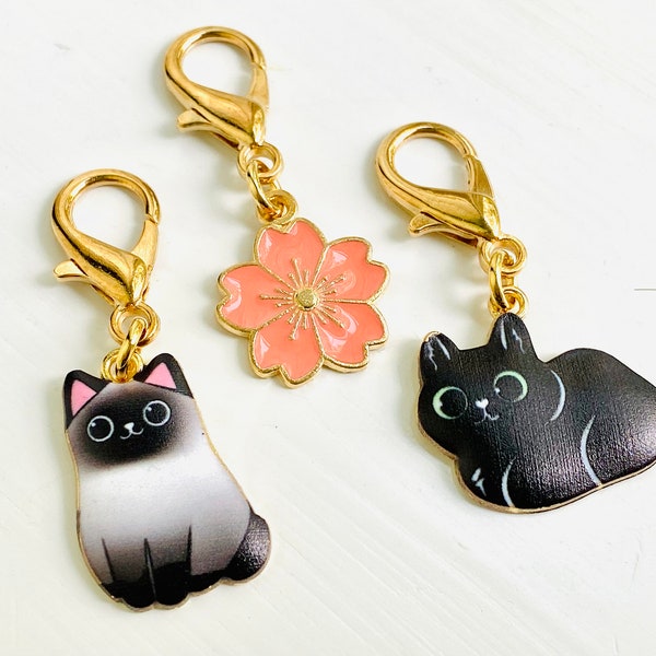 1 Cat or Blossom Zipper Pull, Siamese Cat Zipper Charm, Black Cat Zipper Pull, Clip on Charms, Gold Cat Zipper Pull, Peach Flower