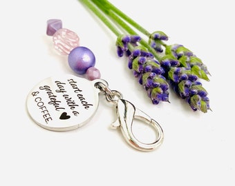Grateful Heart & Coffee Zipper Pull: Czech Glass Beaded Charm