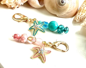 1 Turquoise or Pink Starfish Zipper Pull: Beaded Purse Charm, Ocean Themed Accessories
