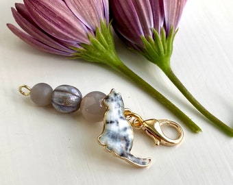 Enamel Cat Zipper Pull: Gold Purse Charm with Czech Glass Beads