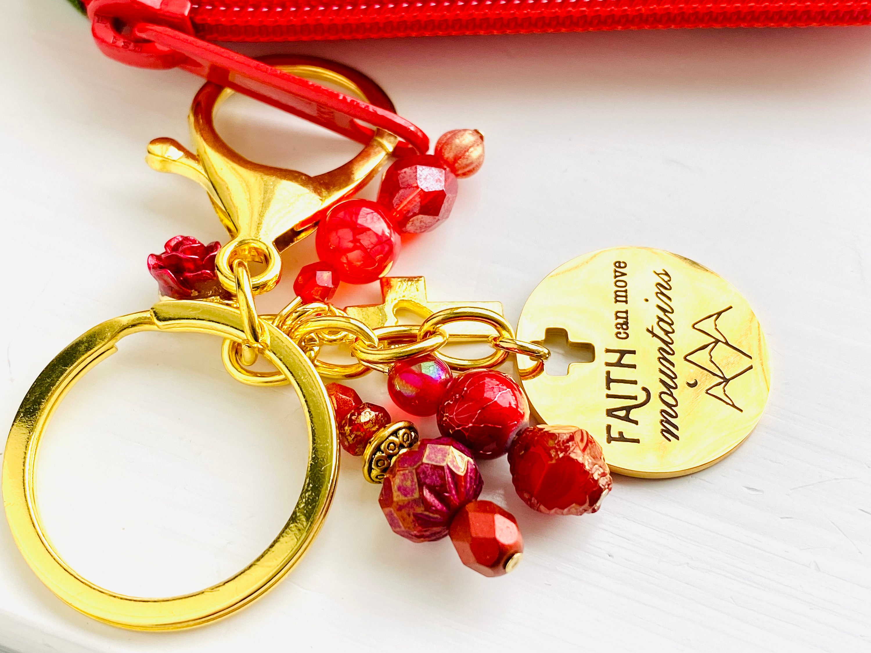 Gold Beaded Faith Keychain, Bible Verse Zipper Pull, Rose Faith ...