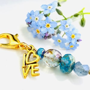 Gold Love Zipper Pull: Blue Czech Glass Beaded Charm