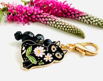 Daisy Cat Zipper Pull, Zipper Pulls for purses, Cat Accessories, Clip on Charms, Cat Zipper Charm, Black & Gold Cat Zipper Pull, Zipper Pull