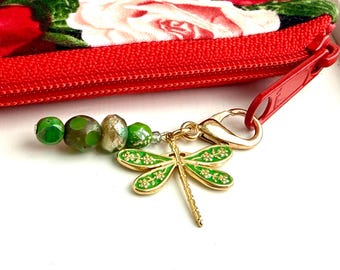 Whimsical Spring Green Dragonfly Purse Charm, Zipper Pulls for Purses or Coats, Clip on Dragonfly Charm
