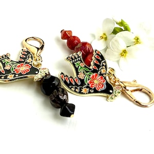 1 Floral Blackbird or Dove Zipper Pull, Blackbird Zipper Pull, Clip on Charms, Czech Glass Beaded Zipper Charm, Zipper Pulls for Purses