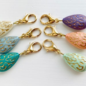 1 Dainty Gold Etched Teardrop Zipper Pull Charm, Ornate Zipper Pulls, Zipper Pulls for Purses, Zipper Charms, Knitting Stitch Markers image 10