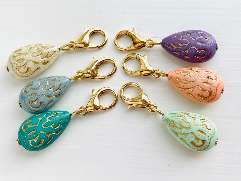 1 Dainty Gold Etched Teardrop Zipper Pull Charm, Ornate Zipper Pulls, Zipper Pulls for Purses, Zipper Charms, Knitting Stitch Markers image 10