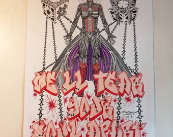 Unframed A3 size "Female Pinhead" from Hellraiser, tattoo graffiti ink drawing