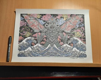 Unframed A3 size "Cthulhu" original, fantasy graphic illustration ink drawing