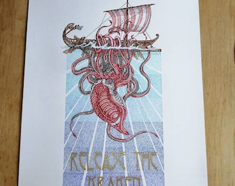 Unframed A3 size "Release the Kraken" original ink drawing