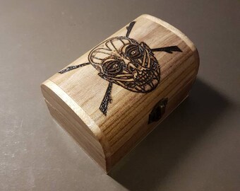 Sugar Skull with a cross in the background tattoo design pyrography Treasure chest jewellery/trinket box