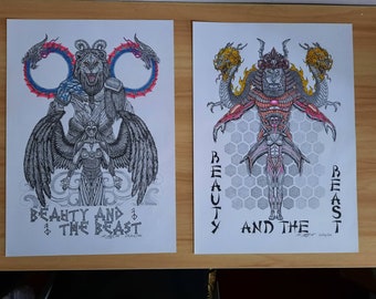 Set of two original A3 size ink drawings of "Beauty and the Beast" versions, Viking berserker and Valkyrie/samurai warrior and cyborg geisha