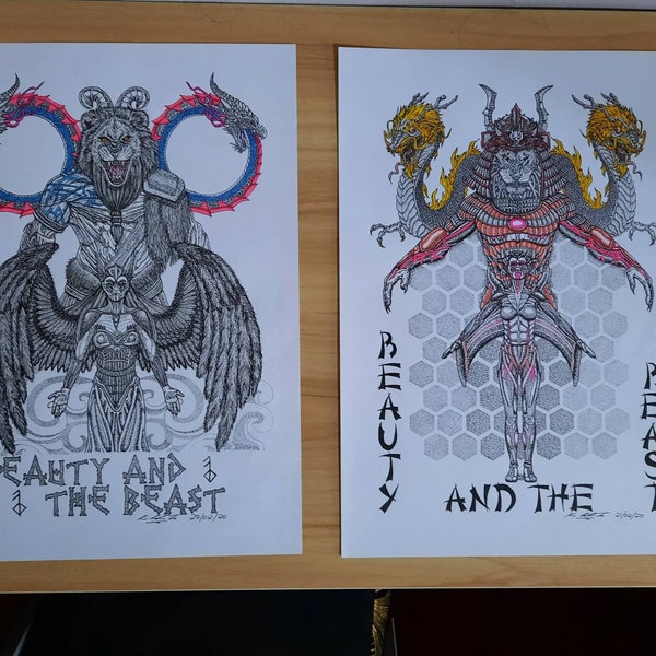 Set of two original A3 size ink drawings of "Beauty and the Beast" versions, Viking berserker and Valkyrie/samurai warrior and cyborg geisha