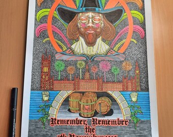 A3 size "Remember, Remember the 5th November 1605" tattoo neon original ink drawing