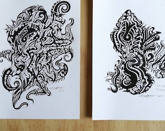 Set of 2 Unframed A4 size ink drawing's of "Kraken" & "Cthulhu" black tribal tattoo