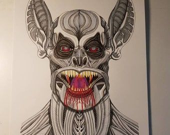 Unframed A3 size drawing of Vampire Sugar bat skull design tattoo graphic illustration ink drawing