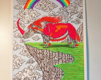 Unframed A3 size "Rhino/Unicorn hybrid" ink drawing, fantasy, tattoo art, rainbow, original art