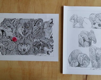 Set of 2 Unframed A3 ink and pencil drawing's "Wolf" & "Baby Elephant" portrait's tribal tattoo illustration