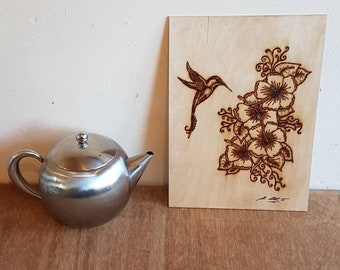 Unframed A4 size Hummingbird with Hibiscus Flowers tattoo pyrography (wood burning art)