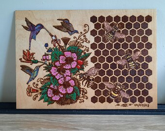 Unframed A3 size "The Birds and the Bees" pyrography artwork