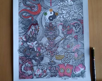 Chinese Zodiac Animals Ink Drawing, Manga Tattoo Art (A3 Unframed)