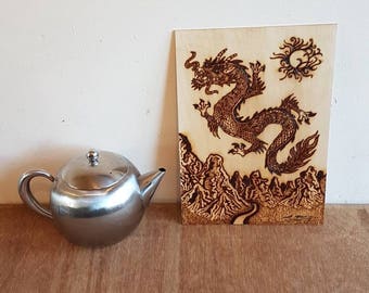 Unframed A4 size chinese dragon with Guilin landscape tattoo pyrography (wood burning art)
