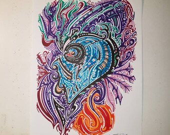 Unframed A4 size "Fire breathing Dragon" colourful tribal tattoo ink drawing
