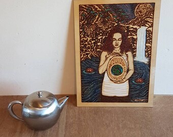 Unframed A3 size Mother Earth tattoo pyrography (wood burning art)