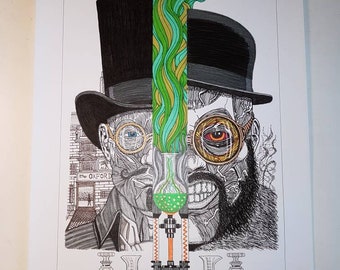 Unframed A3 size of "Dr. Jekyll and Mr. Hyde Victorian steampunk" tattoo graphic illustration ink drawing