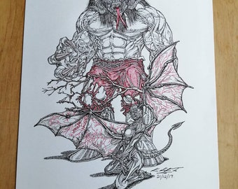 Unframed A3 size "Krampus with Lilith demon" graphic gothic tattoo art ink drawing