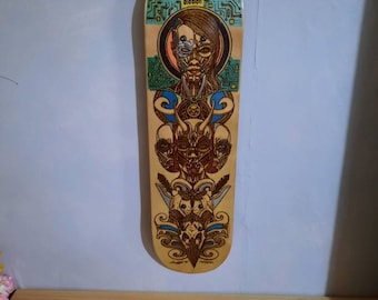 Unframed "Unmasked" tattoo pyrography (wood burning art) skateboard deck art (ready to hang picture)