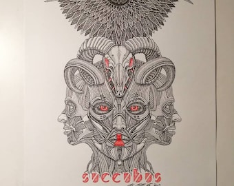 Unframed A3 size "Succumbus Demon", original tattoo graffiti art ink drawing