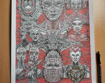Unframed A3 size "Hellraiser Cenobites" from Hellraiser movies, tattoo graffiti ink drawing