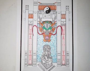 Unframed A3 size "Dragon's Gate" Chinese Dragon, Foo dog Fantasy tattoo art ink drawing