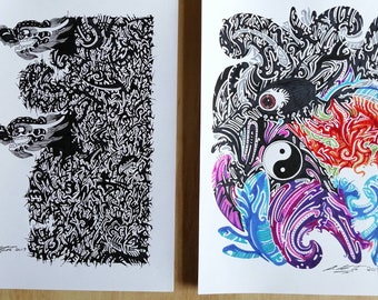 Set of 2 Unframed A4 size "Dragon's Emerging" & "Yin and Yang, abstract tribal tattoo ink drawing