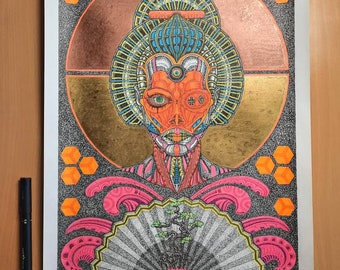 A3 size "Dark Beauty" tattoo/sugar skull/manga/female cyborg/geisha original ink drawing