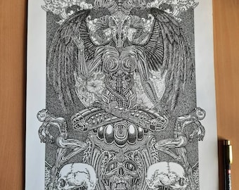 Unframed A3 size "Baphomet" Gothic and fantasy, tattoo, art nouveau ink drawing