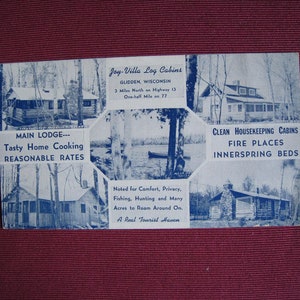 Glidden, Wisconsin. Joy Villa Log Cabins-Cartolina rara anni '40