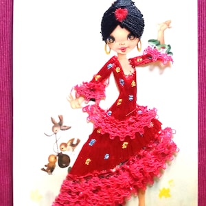 Spanien Dancing Lady. Vintage "Auffädeln" Postkarte mit bunten Fäden in Spanien Farben." Jahr? Unbenutzt. Super Zustand. Name auf der Vorderseite. Lester.