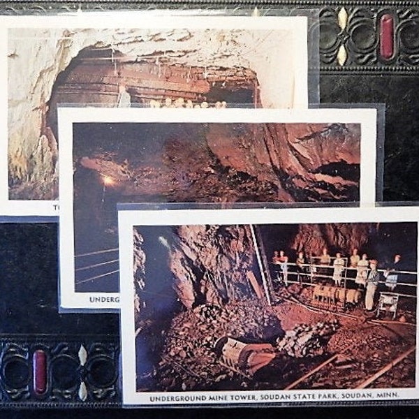 3 Minnesota Postcards of Soudan, Minnesota. Underground Mine/State Park.