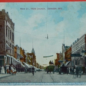 Oshkosh, Wisconsin. Rua Principal a partir da Igreja. 1909